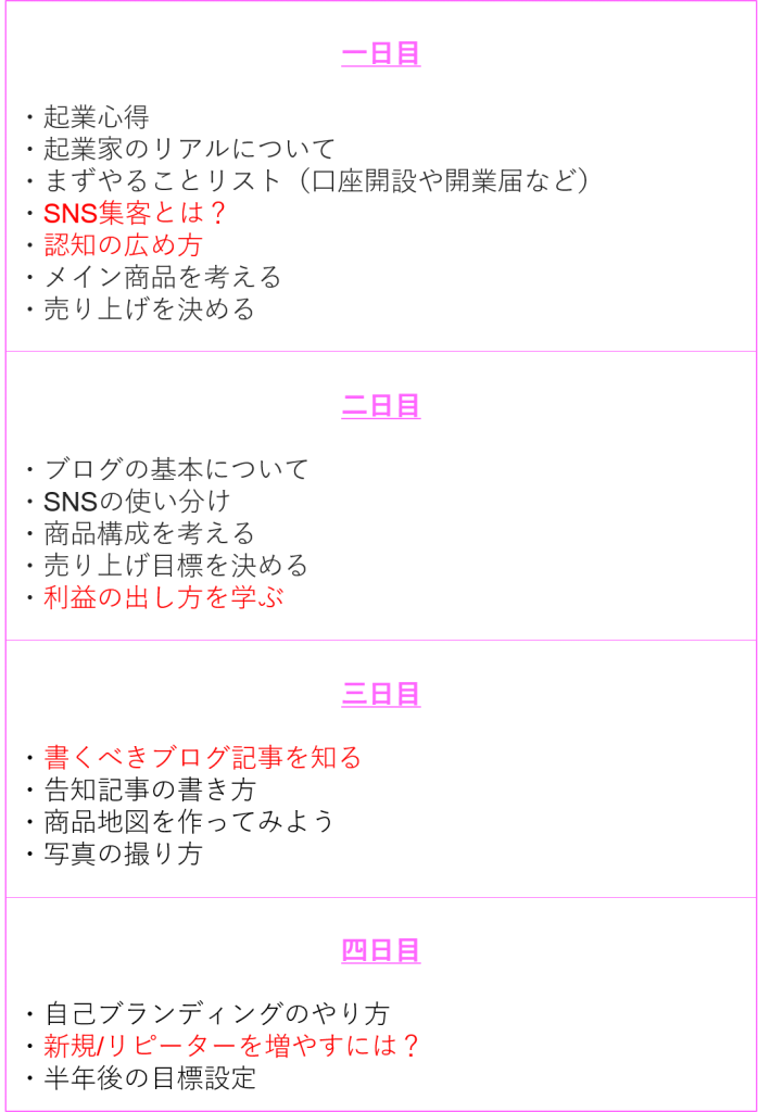 ・起業心得 ・起業家のリアルについて ・まずやることリスト(口座開設や開業届など) ・SNS集客とは? ・認知の広め方 ・メイン商品を考える ・売り上げを決める 二日目 ・ブログの基本について ・SNSの使い分け ・商品構成を考える ・売り上げ目標を決める ・SNS起業での利益の出し方を学ぶ 三日目 ・書くべきブログ記事を知る ・告知記事の書き方 ・商品地図を作ってみよう ・SNSに強い写真の撮り方 四日目 ・女性起業家の自己ブランディングのやり方 ・起業後に新規/リピーターを増やすには? ・半年後の目標設定