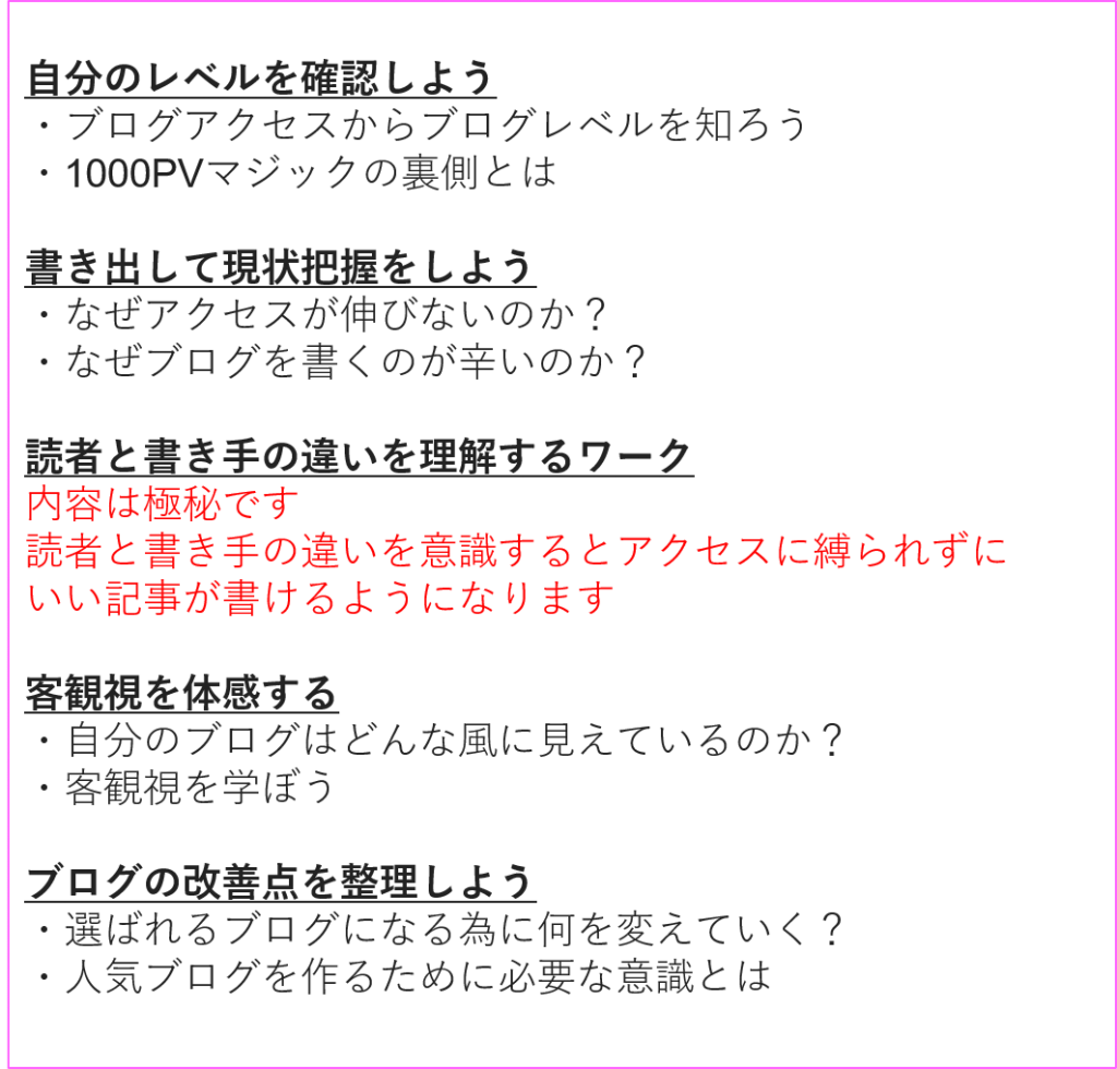 ブログワークセミナー自分のレベルを確認しよう ・ブログアクセスからブログレベルを知ろう ・1000PVマジックの裏側とは 書き出して現状把握をしよう ・なぜアクセスが伸びないのか? ・なぜブログを書くのが辛いのか? 読者と書き手の違いを理解するワーク 内容は極秘です 読者と書き手の違いを意識するとアクセスに縛られずに いい記事が書けるようになります 客観視を体感する ・自分のブログはどんな風に見えているのか? ・客観視を学ぼう ブログの改善点を整理しよう ・選ばれるブログになる為に何を変えていく? ・人気ブログを作るために必要な意識とは